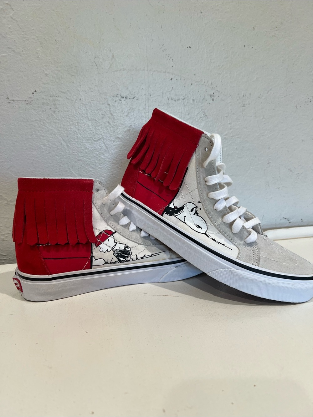 Vans High-Top Sneakers in Red, White & Gray with Snoopy Graphic